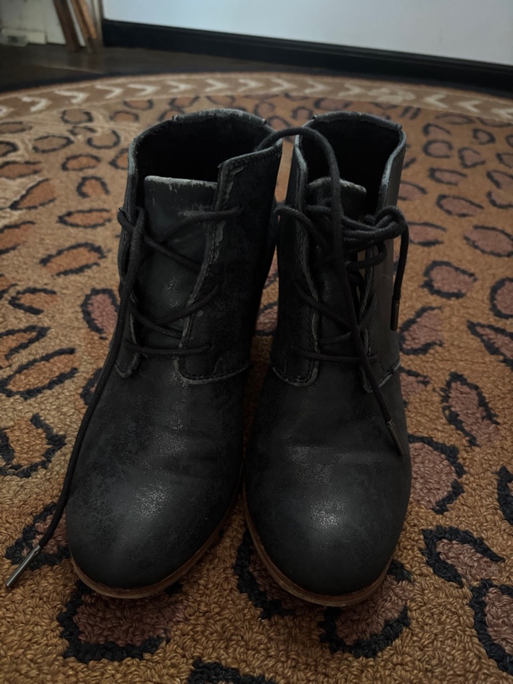 Toms Black Lace-Up Heel Booties with Wood-Look Block Heel